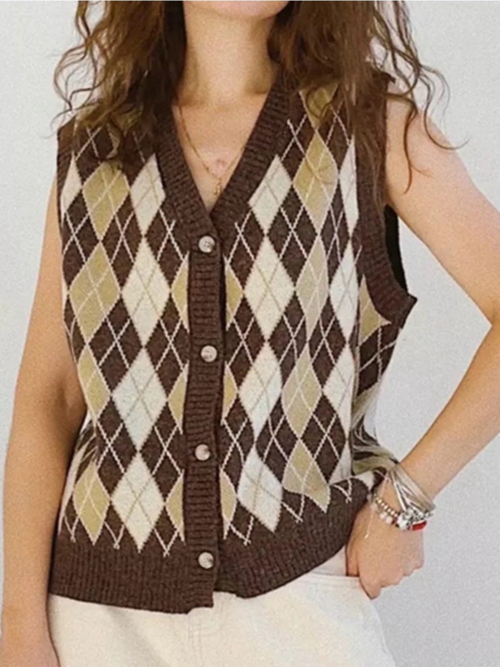 Oil Rice Brown Argyle Button Front Sweater Vest Academia Retro Large